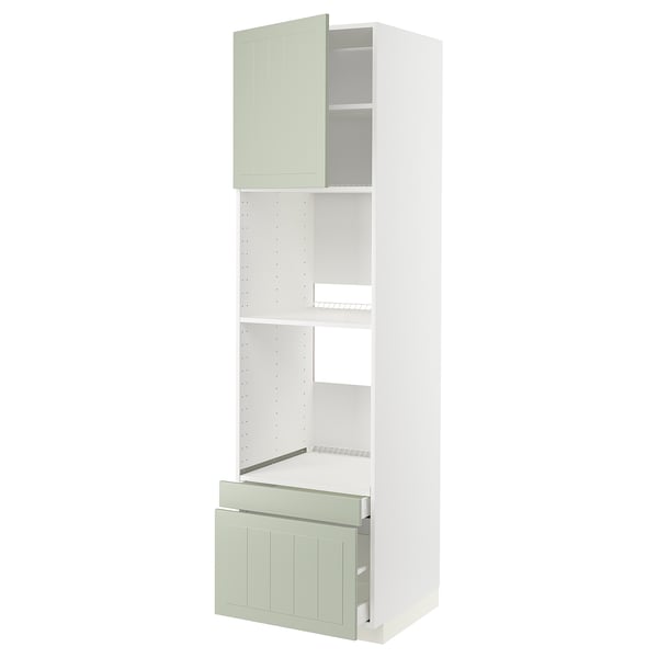 METOD kitchen unit in light green with open shelves and drawers, sleek design.