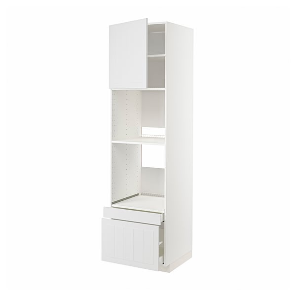 White METOD kitchen cabinet, sleek design with open shelves and closed drawers.