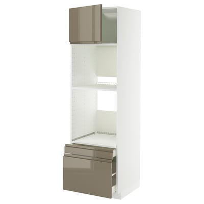 Modern white kitchen cabinet with high gloss dark grey-brown drawers and one open shelf. Tall, sleek design with integrated handles.