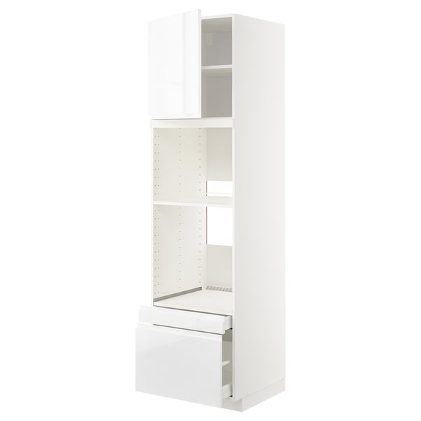 White METOD kitchen unit: tall cabinet with drawers, modern design, glossy finish.