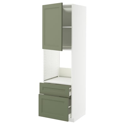 This image shows a METOD kitchen unit with green-gray axstad doors. It a cabinet with an open door and two drawers, perfect for storage.