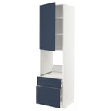 Blue/white METOD kitchen cabinet, 2 drawers, door, open shelf, tall slim design.