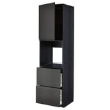 Modern dark grey kitchen cabinet with two drawers and open shelf, sleek handle-free design.
