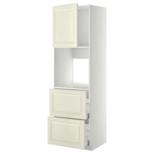 White METOD kitchen cabinet with traditional design, off-white door, drawers, and open shelf.