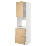METOD kitchen unit with oak fronts. Tall, white cabinet, open top door, two drawers, modern design.
