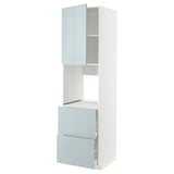 A white METOD kitchen unit with high-gloss grey-blue kallarp doors and drawers. It shelves and drawers with metal runners.