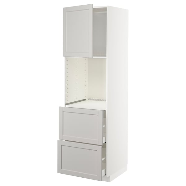 White METOD kitchen cabinet with grey drawers and shelves, beveled edges.