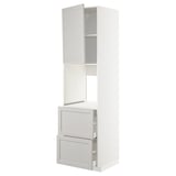 A white ikea METOD kitchen unit with grey lerhyttan handles, featuring a door and two drawers.