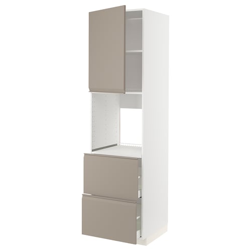 Modern kitchen unit with two drawers, one fixed shelf, and a cabinet, white with light grey-beige doors, sleek design.