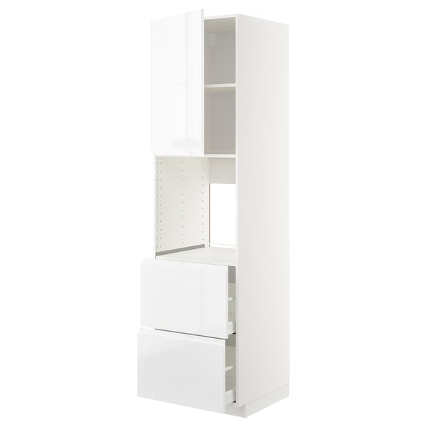 Modern METOD kitchen cabinet with glossy finish and integrated handles, open shelf, drawers, and hinged door.