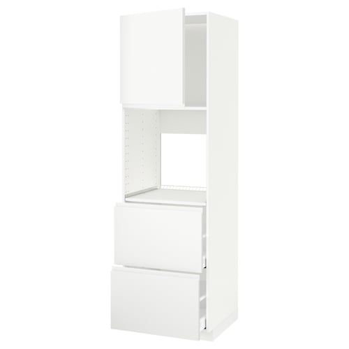 This image shows a white METOD kitchen unit with a minimalist design, featuring a fixed shelf, pull-out drawer, and adjustable height.