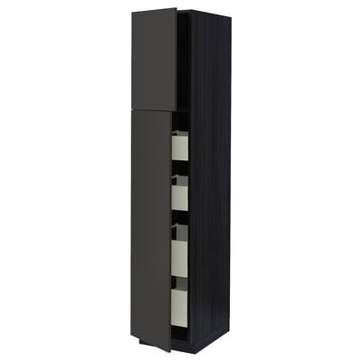 Black vertical storage cabinet with multiple drawers, matt finish from METOD kitchen system.