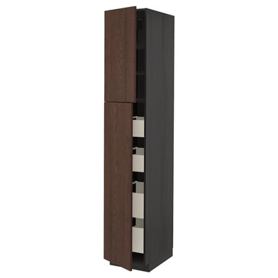 Dark brown wooden cabinet with two doors and multiple shelves. Tall, rectangular, and sleek design.
