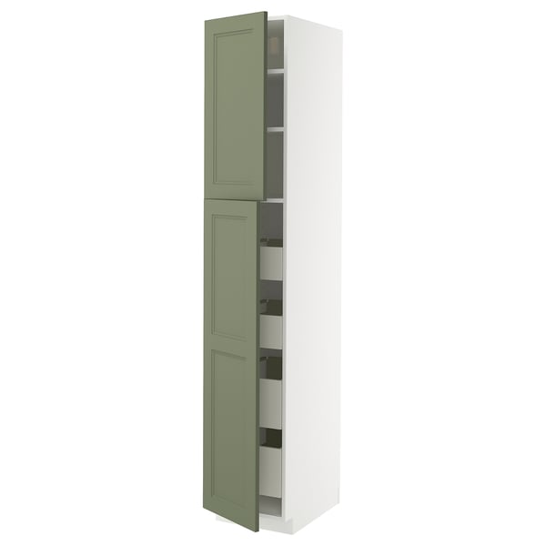 A white and green METOD kitchen cabinet with adjustable shelves and drawers. The cabinet is tall and slim, with a modern design.