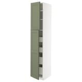 A white and green METOD kitchen cabinet with adjustable shelves and drawers. The cabinet is tall and slim, with a modern design.