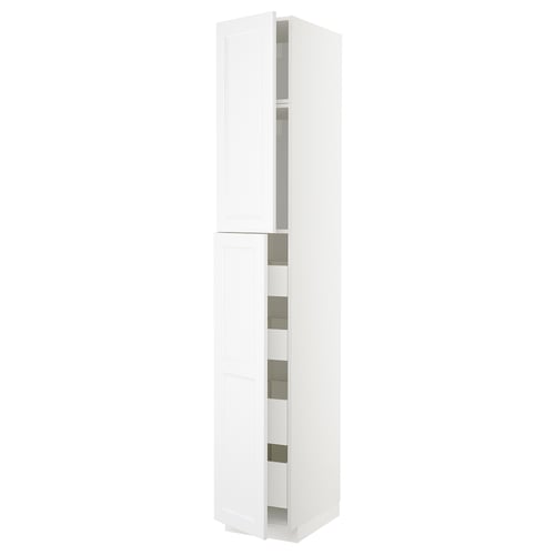 White METOD cabinet: tall, slim, modern, high-quality storage with integrated shelves, sleek design.