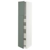 This image shows a tall, white METOD kitchen unit with two light gray-green doors and several shelves inside. The unit is sleek and modern.