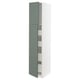 This image shows a tall, white METOD kitchen unit with two light gray-green doors and several shelves inside. The unit is sleek and modern.