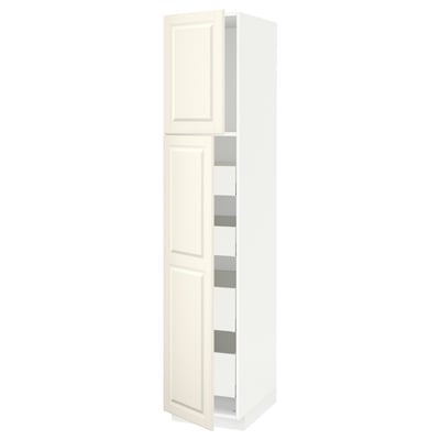 White METOD kitchen cabinet, off-white with bevelled edges, two-section tall unit with shelves.