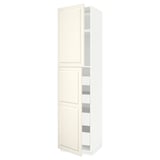 Off-white METOD kitchen cabinet with beveled edges, open door, three shelves.
