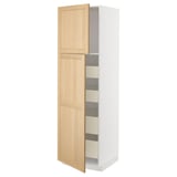 White METOD kitchen cabinet with oak veneer doors, partially open showing shelves.