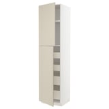 A beige METOD tall kitchen cabinet with white framework, smooth surfaces, and integrated drawers.