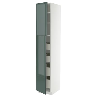 METOD high gloss green kitchen cabinet with storage compartments.