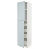 Modern tall white ikea kitchen cabinet with blue-gray glossy doors and multiple shelves.