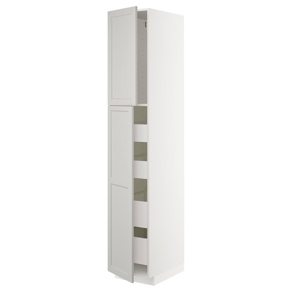 White METOD tall kitchen cabinet with light grey lerhyttan doors and shelves.