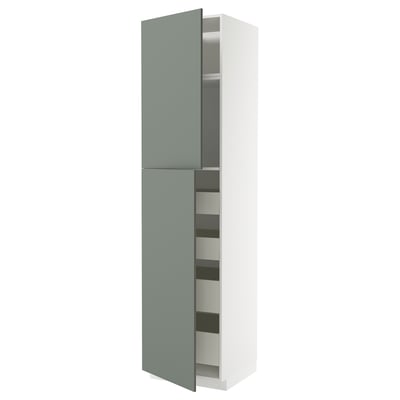 A tall METOD kitchen cabinet with nickebo grey-green doors, featuring multiple drawers for storage.