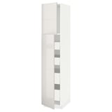A white METOD kitchen cabinet with high gloss finish and multiple shelves. It stands tall with a sleek, rectangular shape and has a modern design.