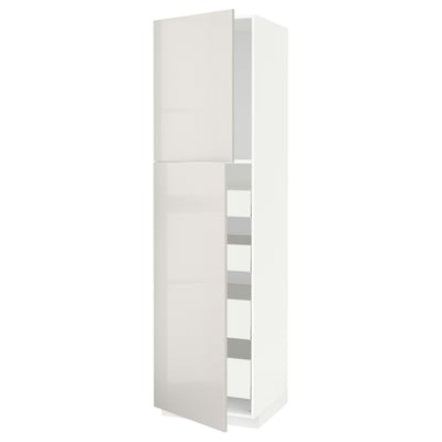 Modern white high gloss kitchen cabinet with sleek design and multiple shelves.