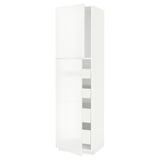 METOD high gloss white kitchen cabinet with multiple shelves and soft-closing drawers.