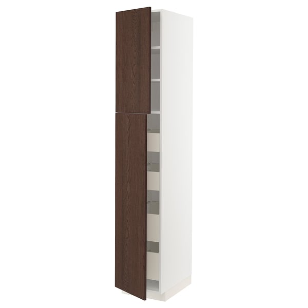 A tall white and dark brown kitchen cabinet from the METOD system, featuring multiple shelves and drawers.