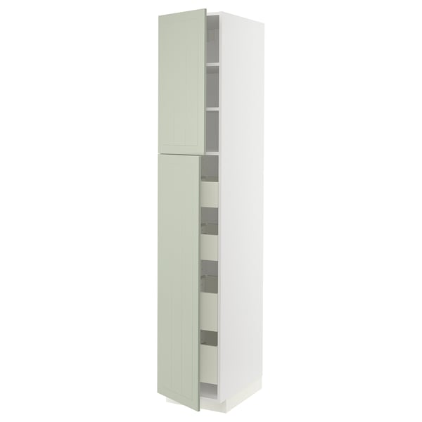 A tall, green METOD kitchen cabinet with a white frame. It has two doors and multiple shelves inside.