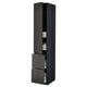 Modern black kitchen cabinet with drawers and shelves, sleek and minimalist design.