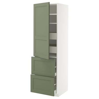 Ikea METOD green-white kitchen cabinet with shelves and drawers.