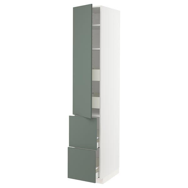 METOD kitchen unit with grey-green doors, single door, two drawers, three shelves, modern design.