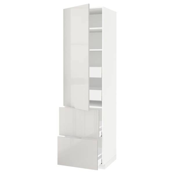 White high gloss METOD cabinet with shelves and drawers.