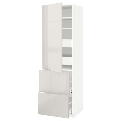 Modern white high gloss kitchen cabinet with two drawers and adjustable shelf.