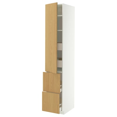 METOD cabinet: light wood, white, tall, narrow, shelves, drawers, modern design.