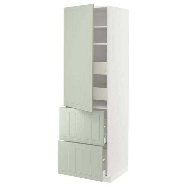 METOD kitchen unit in green with shelves and drawers, white backdrop.