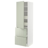 METOD kitchen unit in green with shelves and drawers, white backdrop.