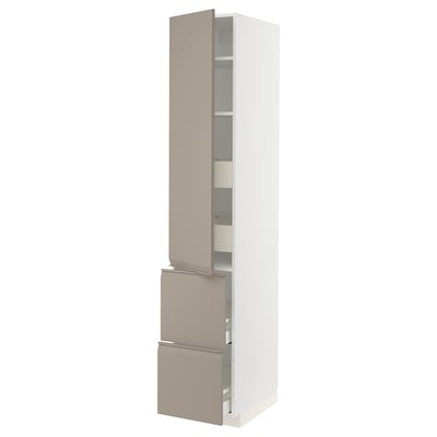 A tall, beige METOD kitchen cabinet with multiple shelves and drawers, featuring a sleek, modern design.