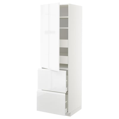 A white high-gloss METOD kitchen cabinet with integrated handles and multiple shelves. This modern unit combines both doors and drawers.
