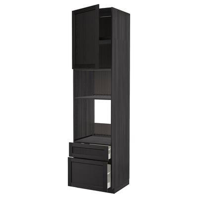 Black METOD kitchen unit with shelves and drawers, dark wood grain, narrow rectangular shape.