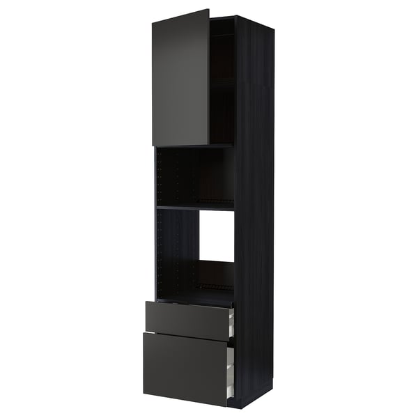 Black METOD kitchen unit with 2 drawers, 1 open shelf, modern design.