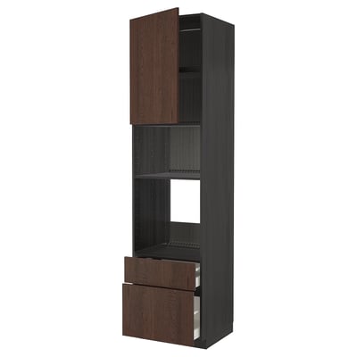 Dark brown wooden kitchen cabinet with shelves & drawers, modern design.