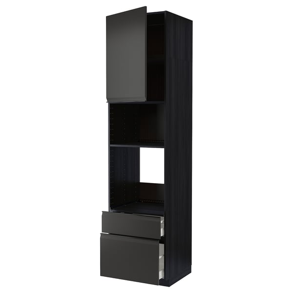 A dark gray METOD kitchen unit with sleek, modern design, including drawers and shelves for storage.