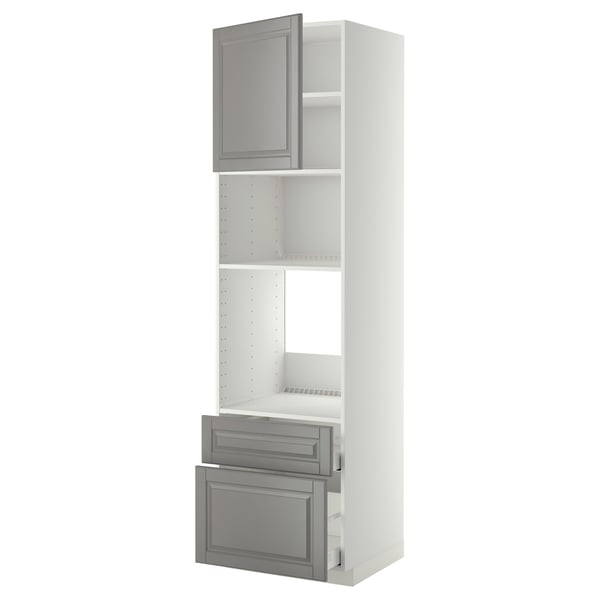 METOD kitchen unit in white and grey. Cabinet, drawers, and shelves with modern, beveled edges.